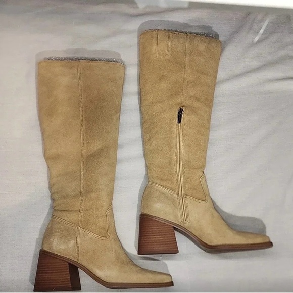 Vince Camuto Tan Sangeti High Boot Square Toe Block Heel Genuine Suede Leather - Picture 2 of 10